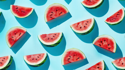 Watermelon slice on a blue rustic wood background, Popular summer fruit