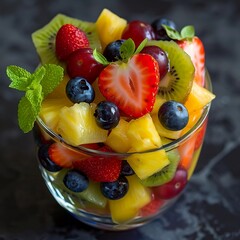 fruit cup, fresh fruits, vibrant fruit cup, refreshing fruit cup, assorted fruits, strawberries, blueberries, kiwi, pineapple, grapes, bite-sized fruits, colorful fruit cup, natural lighting, fruit 