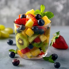 fruit cup, fresh fruits, vibrant fruit cup, refreshing fruit cup, assorted fruits, strawberries, blueberries, kiwi, pineapple, grapes, bite-sized fruits, colorful fruit cup, natural lighting, fruit 