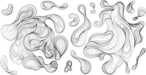 Black and white hand-drawn doodle waves.Abstract blot composition. Line splash shape. Liquid thin line ink painting style composition for decoration for background wallpaper.