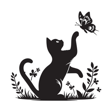 playful cat silhouette reaching for a butterfly, surrounded by flowers and grass in a charming black and white design. eps 10
