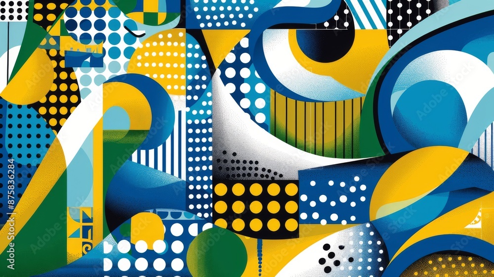 Poster abstract geometric shapes and patterns in blue, green, and yellow create a vibrant and dynamic compo