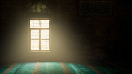 Islamic themed background photo. Sunlight streaming through a mosque window, symbolizing faith and divine presence.