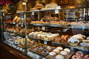 Assorted Fresh Pastries in Glass Display Case