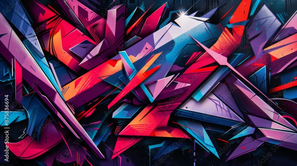 Poster multicolored geometric shapes form an abstract graffiti pattern.