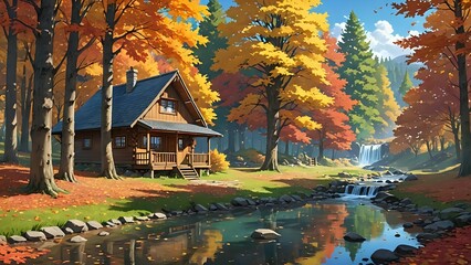 Obraz premium A serene autumn scene in the forest with colorful leaves falling from the trees, sunlight filtering through the canopy, a small stream flowing peacefully, and a cozy cabin in the background