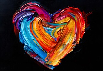Colorful brush strokes in the shape of heart on black background