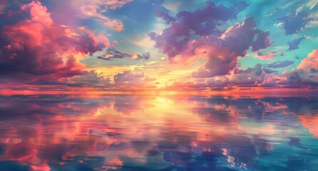 Colorful sky with beautiful clouds and calm water, reflection of the colorful sky in the sea