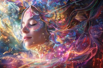 The most beautiful spiritual imagination of a beautiful mother showing all the chakras, intricate detail and soft lighting, calming art, happiness and love, in a celestial sacred universe space.
