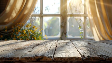 Rustic Wooden Tabletop with Window Background