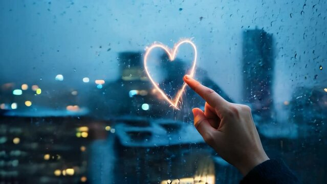 rainy night cityscape through a foggy window, heart symbol traced drawn with finger into condensation, cinematic lighting, reflections of city lights, moody atmosphere, shimmering raindrops