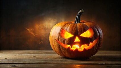 Obraz premium Halloween pumpkin with spooky carved face and glowing eyes, Jack-o-lantern, autumn, orange, decoration, spooky