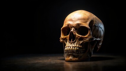 Fototapeta premium Skull set against a black background, death, spooky, eerie, Halloween, creepy, horror, dark, gothic, skeleton, macabre, anatomy