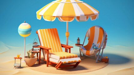 a isometirc image of beach with beach chairs and umbrella