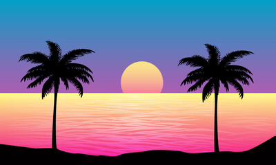 landscape view of the beach in the afternoon with sunset and palm silhouettes