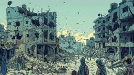 Fototapeta premium A heartwrenching illustration of a wartorn city with families seeking shelter in the ruins conveying the devastating impact of violence and conflict on innocent lives