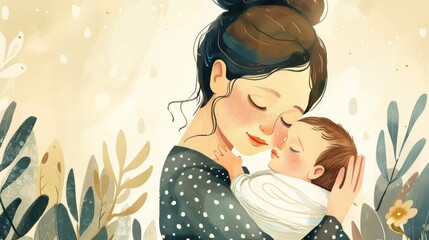 A gentle tender illustration of a mother cradling her newborn baby capturing the overwhelming emotion of unconditional love