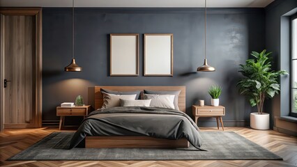 Wall art mockup featuring a dark gray wall with a dark wood frame in a bedroom, home decor, interior design