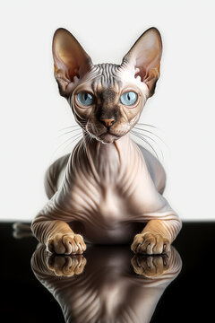 vue de face d'un chat sphynx couch&eacute;, fond noir et reflet dans le sol