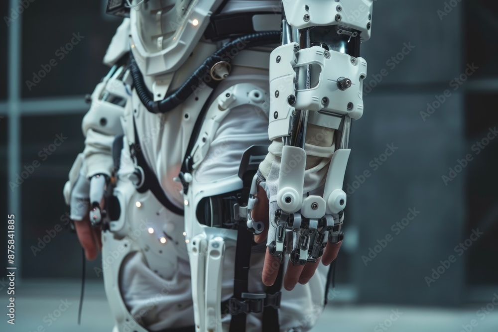 Aufkleber an engineer in hightech exoskeleton and vr headset works in futuristic lab surrounded by advanced eq