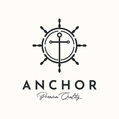 steering wheel anchor ship line art logo vector minimalist illustration design, anchor equipment symbol design