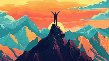 An illustration of a person standing triumphantly on top of a mountain peak with arms raised conveying the emotion of victory and achievement