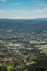 Aerial view of the city of Liberec in Czech republic from the peak of Jested mountain and famous Jested tower