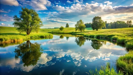 Fototapeta premium Serene natural landscape with tranquil aquifer reflection in idyllic meadow , peaceful, nature, landscape, tranquil, reflection