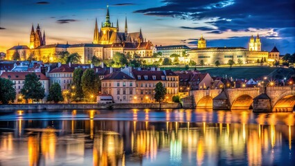 Obraz premium Night view of Prague castle and Vltava river with long exposure , Prague, Czech Republic, night, castle