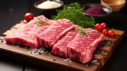 Fototapeta premium Raw Steak with Rosemary and Salt on a Wooden Cutting Board