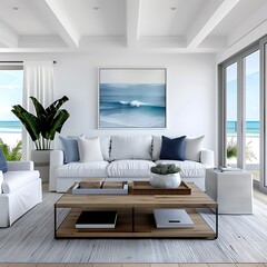 Fototapeta premium A bright and airy coastal living room with light blue accents, white walls, large windows showing the ocean view, wooden furniture, sofa in natural linen fabric, coffee table made of solid wood,