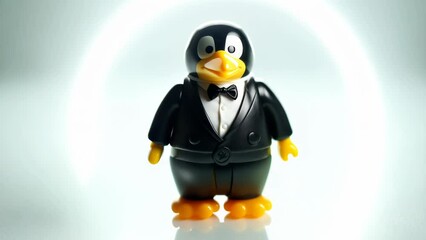 Charming penguin toy dressed in sleek black tuxedo with sunglasses. Yellow beak, tuxedo-like plumage, upright posture. Matte clay texture, soft edges. - Powered by Adobe