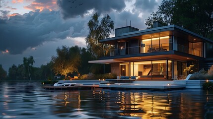 Obraz premium A modern home by the river in the evening very detailed and realistic shape