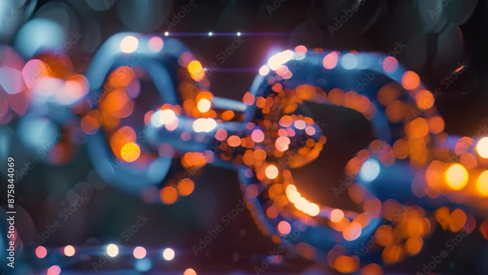 Poster a detailed view of a metallic chain adorned with glowing lights, capturing the complexity of blockch