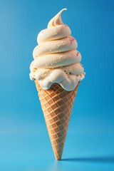 Melted Vanilla Ice Cream Cone on Blue Background.