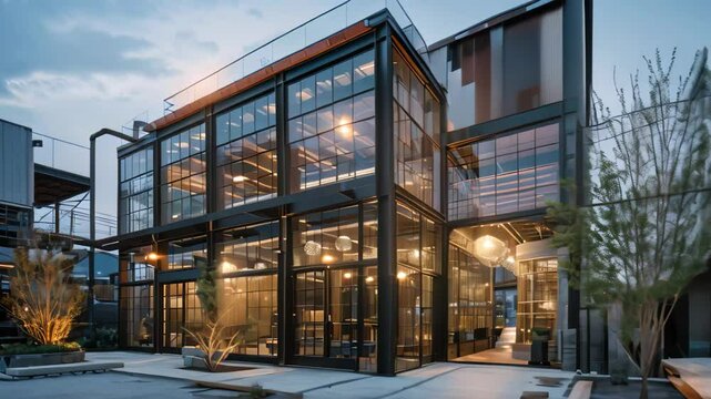 An industrial-style house featuring large glass windows, showcasing a contemporary design, Explore the concept of adaptive reuse by repurposing an existing building for sustainable practices