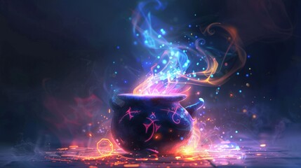 A witch cauldron with mystical symbols