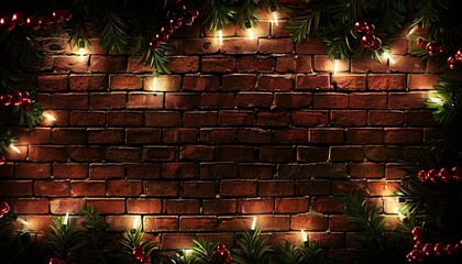 A red brick wall is adorned with string lights and holly sprigs. The lights cast a warm glow, highlighting the texture of the bricks