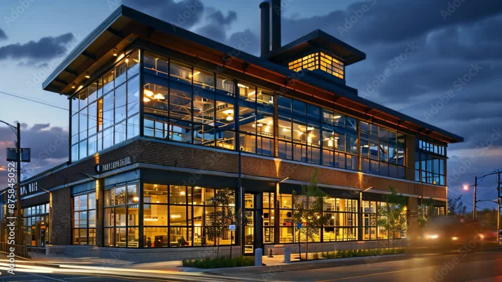Poster a modern building with large glass windows reflecting the dusky sky, explore the concept of adaptive