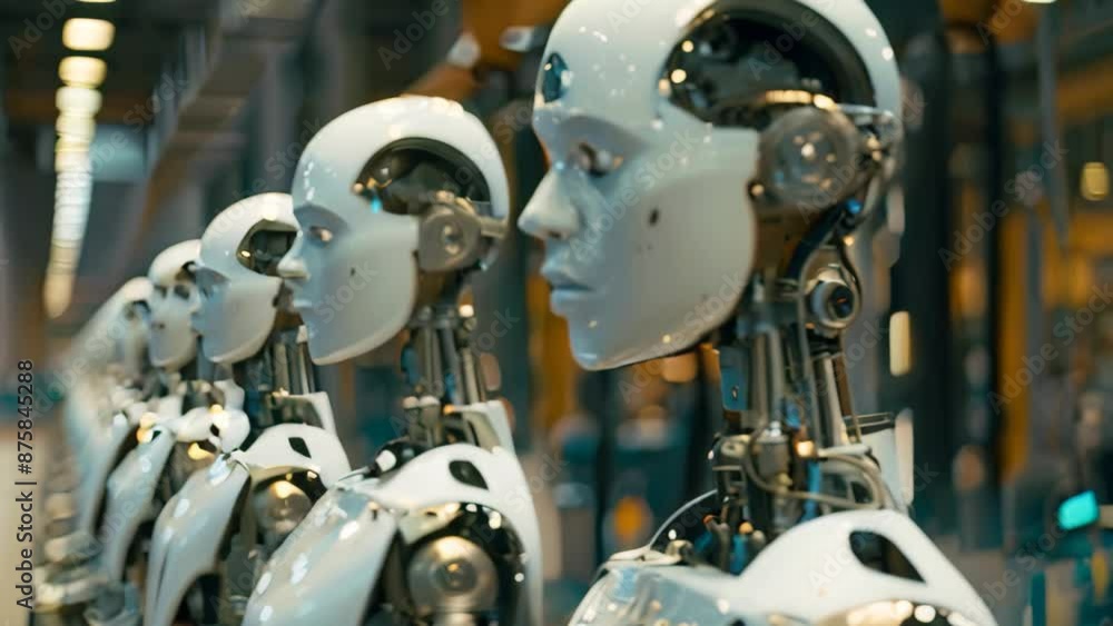Poster a row of white robots working in a manufacturing plant, assembling products in a precise and efficie