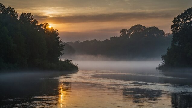 A misty river at dawn with fog rolling over the water