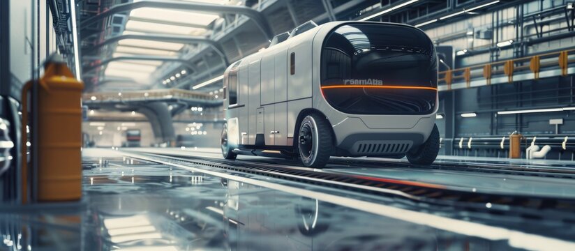 A futuristic transportation hub where humans and AI manage logistics and transportation systems. AI robots assist with loading and unloading cargo, while AI interfaces help travelers with navigation