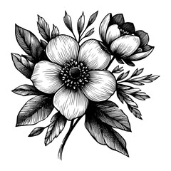 Vintage ink sketch flower vector line art black hand drawn, illustration background