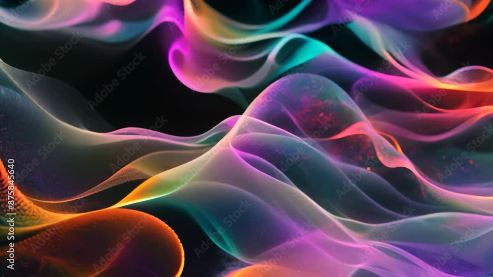 Poster vibrant waves of color blend and intertwine against a dark backdrop, explore the concept of connecti