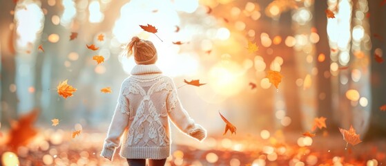 A close-up of a woman wearing a chunky knitted sweater, walking through a forest path covered in autumn leaves, with golden sunlight filtering through the trees, high detail