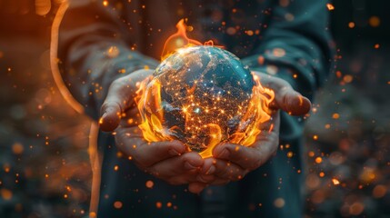 A pair of hands cradles a fiery globe, symbolizing the fragility and potential danger of our planet.