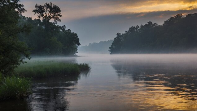 A misty river at dawn with fog rolling over the water