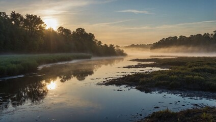 Fototapeta premium A misty river at dawn with fog rolling over the water