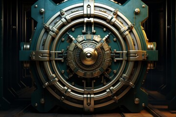 Close-up of a metal bank safe door with a round handle.