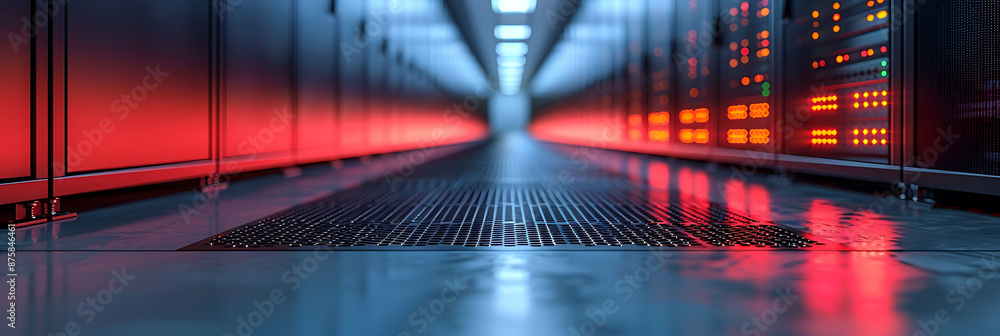 Poster high-tech server racks on minimalistic white background